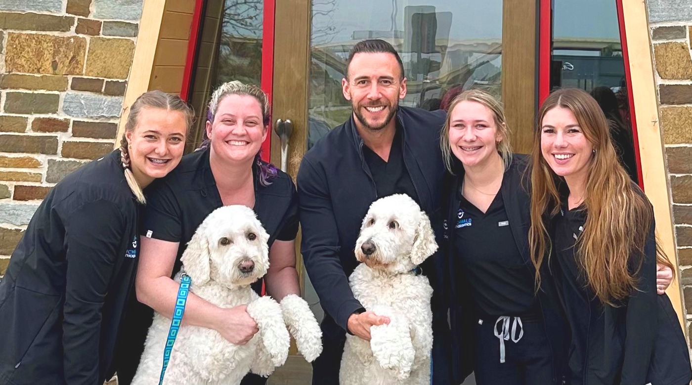 Smiling Prosper orthodontist and team with two fluffy white dogs